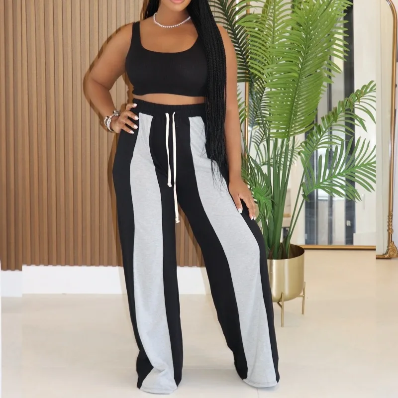 HLJ Autumn New Casual Loose Pants Women Color Block Drawstring Patchwork Straight Pants Fashion Female Streetwear Bottoms 2025