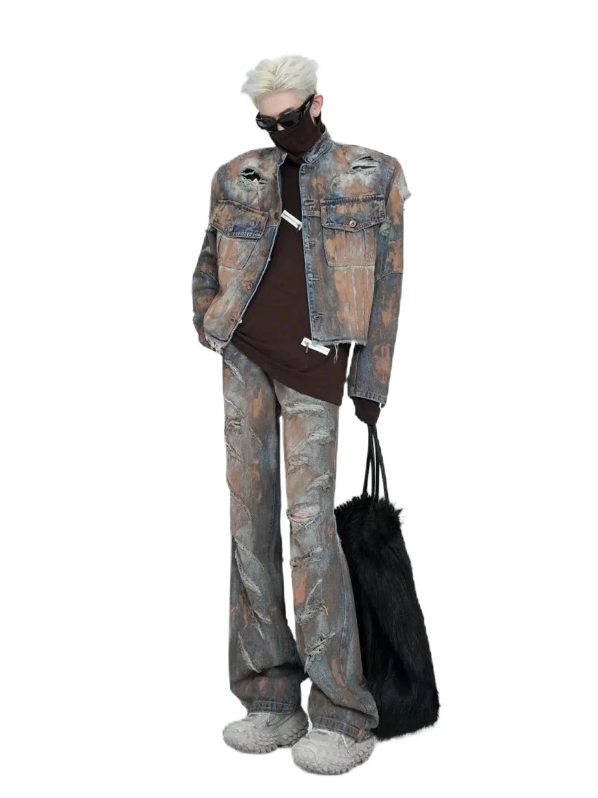 

American Heavyweight Hand-Painted Denim Jaet Set Men's Retro Hole Street Sle Two-Piece Set Trendy Long Sve Jeans
