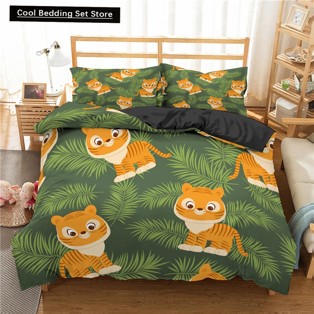 

Jungle Animal Duvet Cover King Queen Tropical Plants Palm Leaves Bedding Set Kids Tiger Wildlife 2/3pcs Polyester Quilt Cover