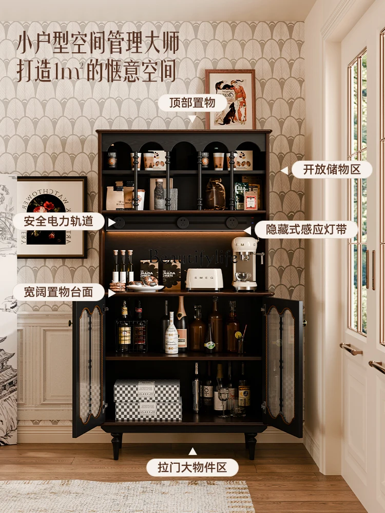 

04Retro style solid wood dining side cabinet American living room against the wall integrated storage medieval