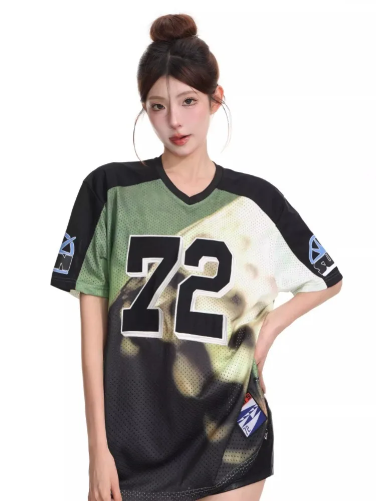 

ADAgirl Baseball Sport T Shirts for Women Patchwork Drop Sleeve Quick Drying Y2k Top Retro Summer Loose Casual V-neck Clothing