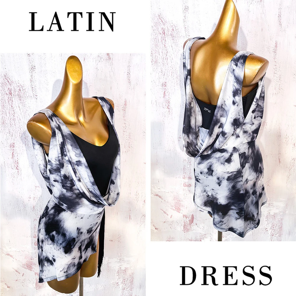 Robe de danse latine sans manches à effet double-pièce avec franges pour entraînement de Cha Cha et spectacle de Samba Rumba