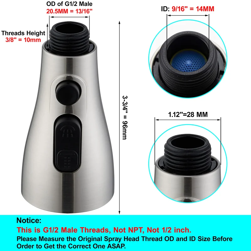 G1/2 Kitchen Faucet Sprayer Head Replacement - Pull Down Faucet Spray Head 3 Function Kitchen Tap Spray Spout Part