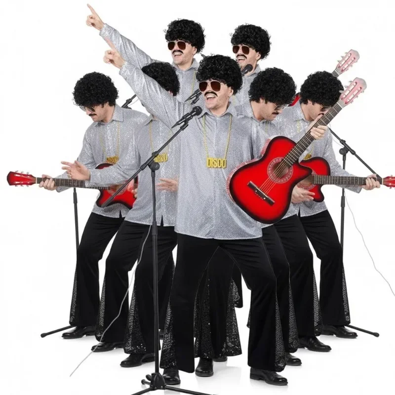 

Мужской костюм дискотеки в стиле 70-х годов, блестящая рубашка на пуговицах, брюки-клеш для косплея, наряд