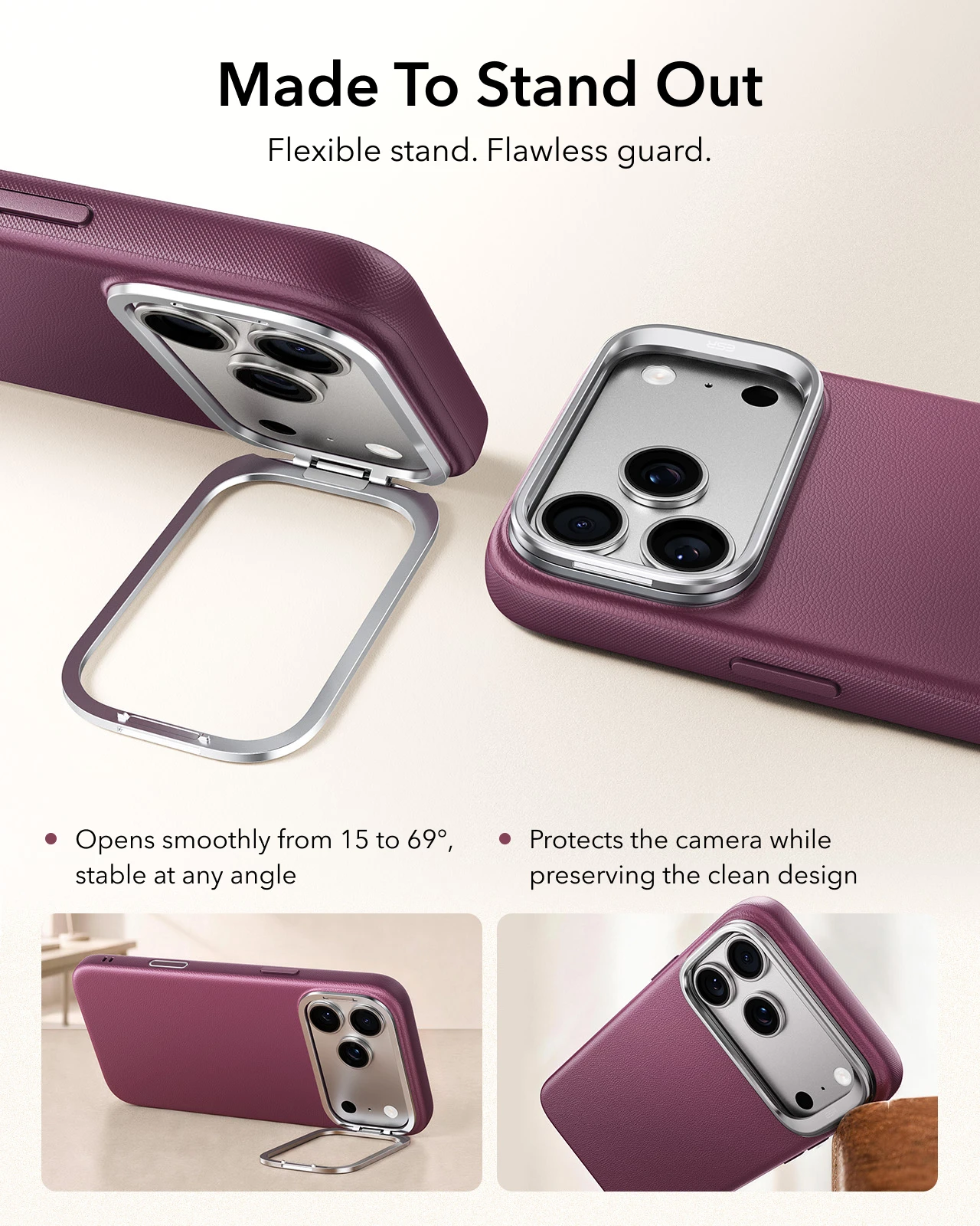 ESR – etui z magnetycznym uchwytem i elastyczną podstawką, wykonane z wegańskiej skóry, przeznaczone do iPhone 17 Pro Max i 18 Pro Max, a także do iPhone 18 Pro i 17 Pro. — zdjęcie produktu 4