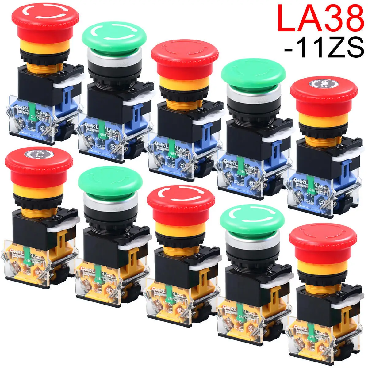 22mm LA38-11ZS Emergency Stop 10A/600V Self-locking/Latching Head Power Switch Mushroom Start Push Button Switch Green Red