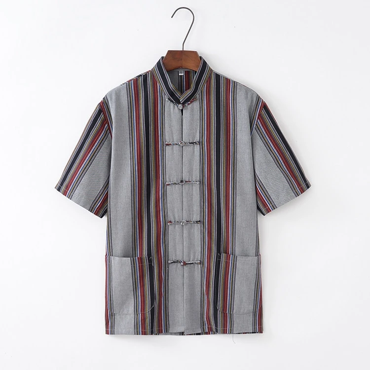 

Striped MEN Vintage Tang Shirt Cotton And Linen Short Sleeve Kong Fu Top Casual Mandarin Collar Tai Chi Cheongsam With Pocket