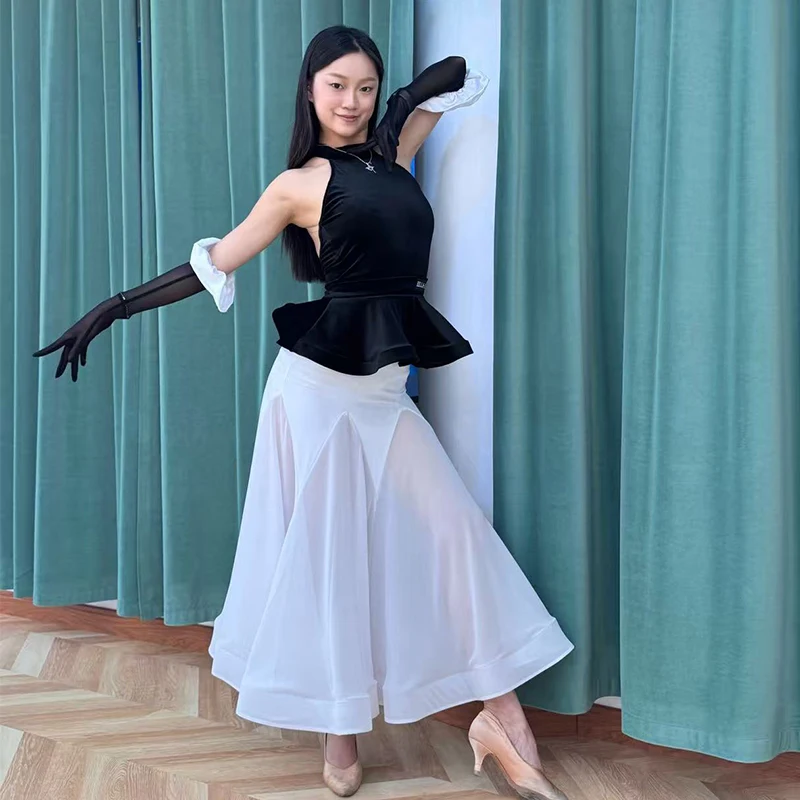 Elegante Ballroom Dance Kleidung Frauen Walzer Leistung Kostüm Schwarz Samt Tops Weiß Langen Rock Prom Wettbewerb Kleid BL17010