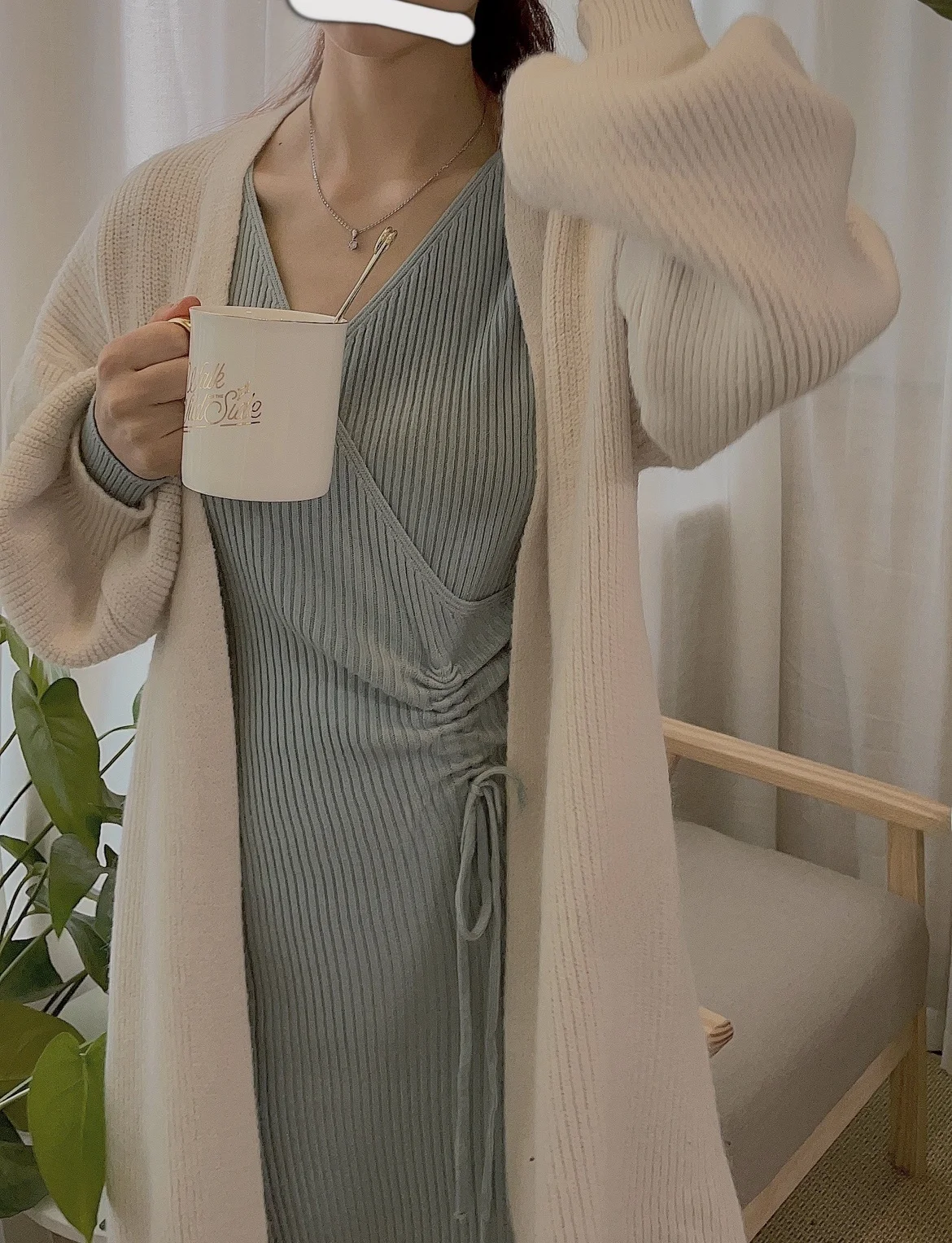 

Rongdaxi Gentle Knitted Dr V-Ne Dstring High Waist Slim Fit Inner Wear Soft een Blue Women's Faion Commute Sle