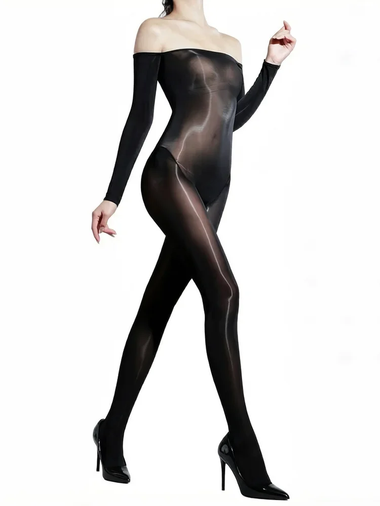 Fashion Women 5D 912Pin Off Shoulder Bodysuit Long Sleeve Oil Shiny Glossy Elastic Shaping Tights Sheer See Through Maid Leotard