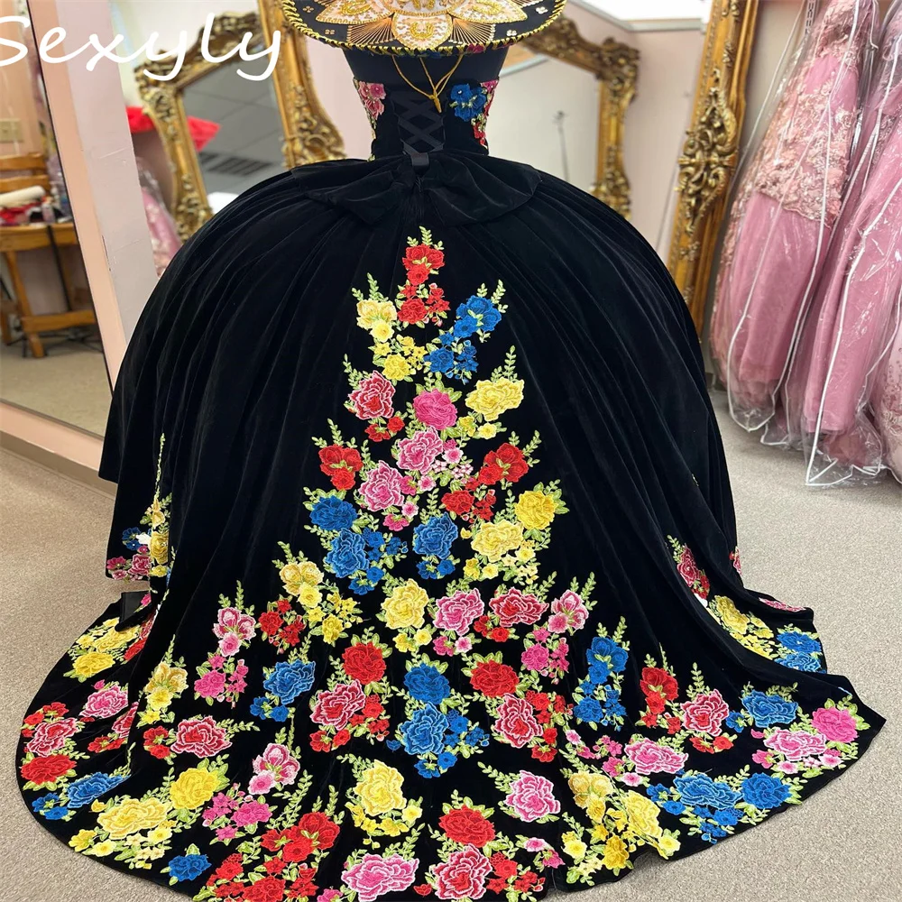 Vestidos Vintage de quinceañera negros, vestido gótico hinchado con flores coloridas, corsé para fiesta de nacimiento de 15 años, 2023 vestido de fiesta de boda vestido fiesta boda invitada