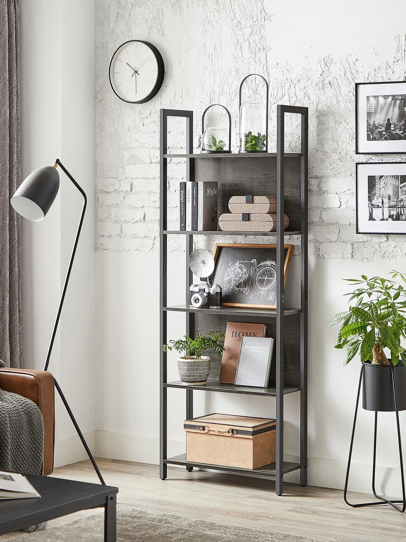 

Storage Shelf, Bookshelf With 5 Shelves, Steel Frame, For Living Room, Office, Industrial Style, Rustic,Black, Brown