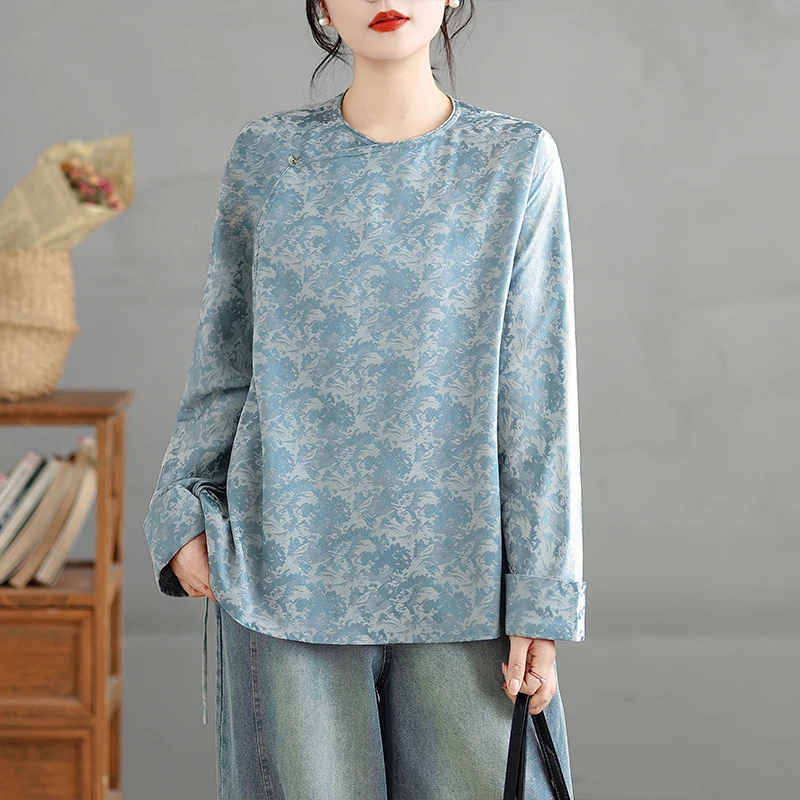 

Light Blue Silk Embroidered Shirt Women's Spring Design Sensation Thin New Chinese Style National Trend Casual Cotton Blend