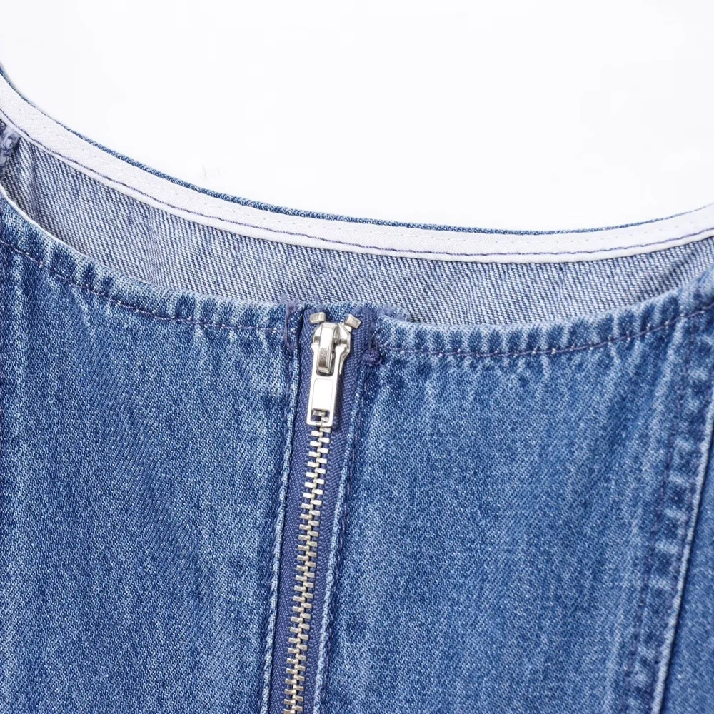 فستان من قماش الدنيم بحاشية واسعة وخصر بدون أكمام وياقة مربعة وسحاب خلفي فستان صيفي جديد للسيدات