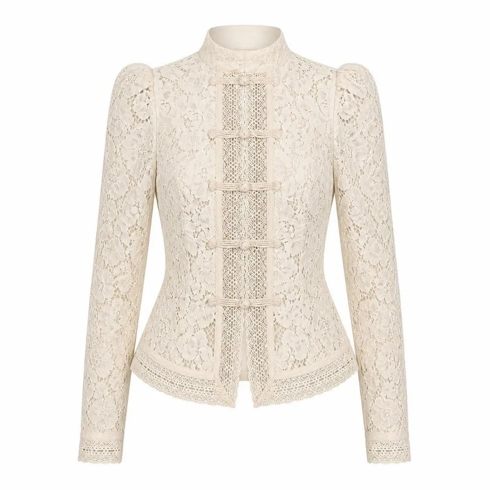 Casual Hollow Out Lace Printed Shirts Long Sleeves Frog Button See-Through Blouse Chinese Style Slim Fit Women Shirt Tops Women
