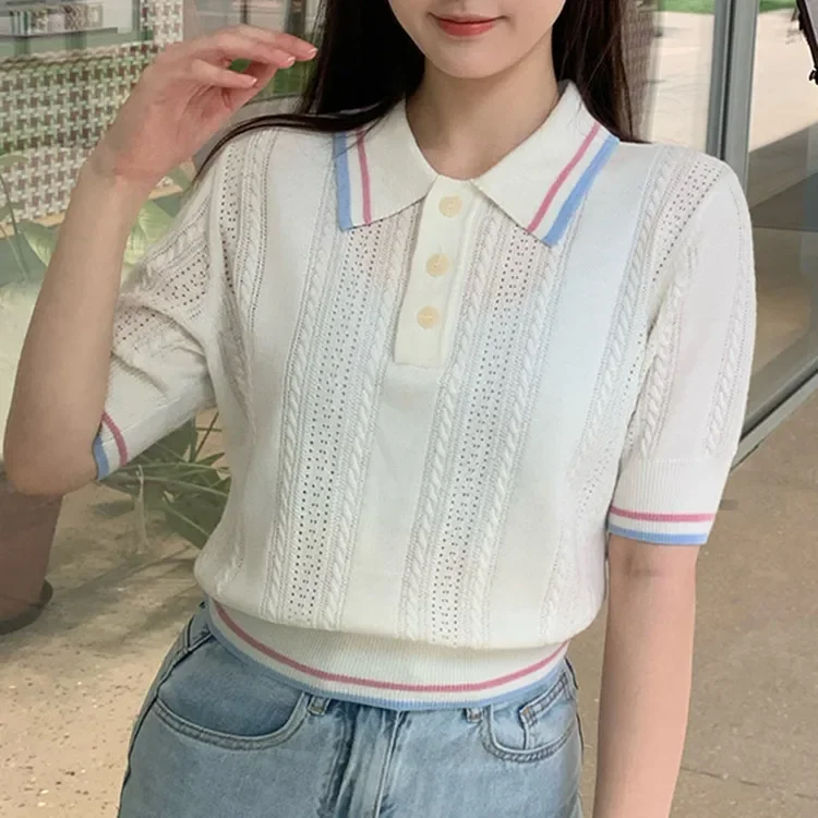 

Summer Women Hollow out Sweater Preppy Style Short Sleeve Stripes Turn-down Collar Female Jumper Summer 2024