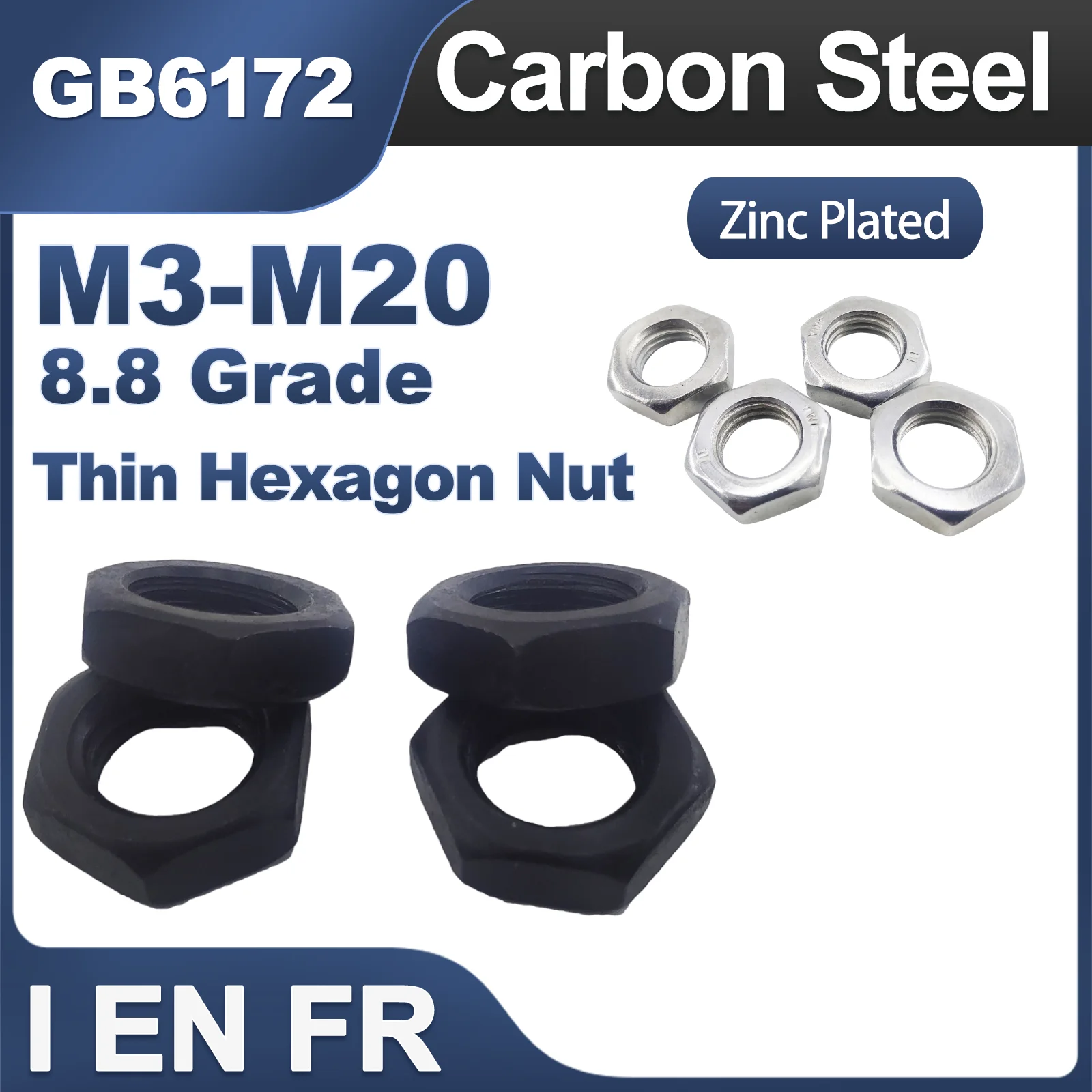 1~50pcs Zinc Plated Black Hex Hexagon Thin Nut Jam Nut for M3M4M5M6M8M10M12M14M16M18M20 Screw Bolt DIN439 GB6172
