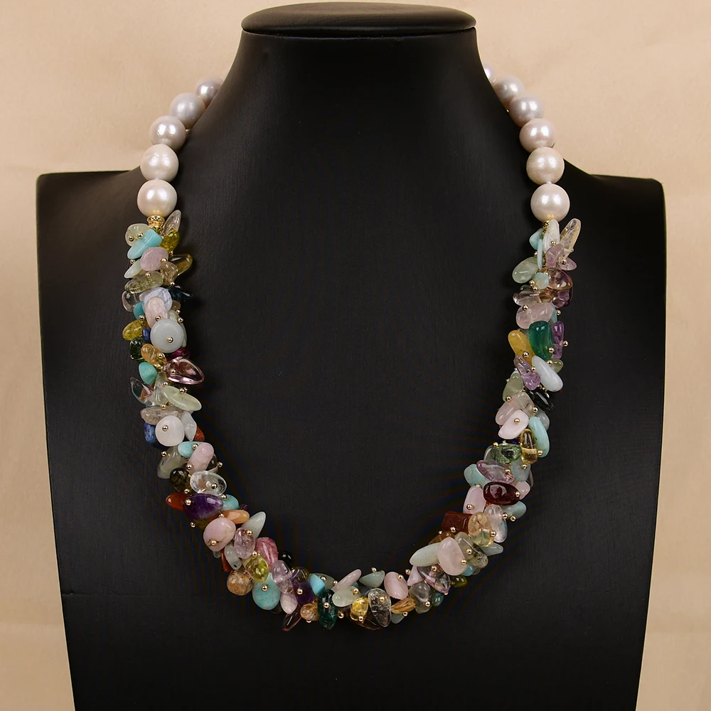 G-G Big White Keshi Pearl Natural Mix Gems Stone Chokers Necklace 19\'\'