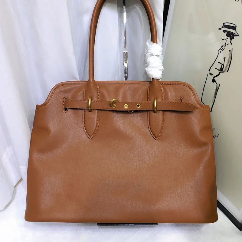 Genuine Leather Handbag Large Capacity 42cm Vegetable Tanned Top Layer Leather Retro Tote Advanced Feeling Laziness Commute