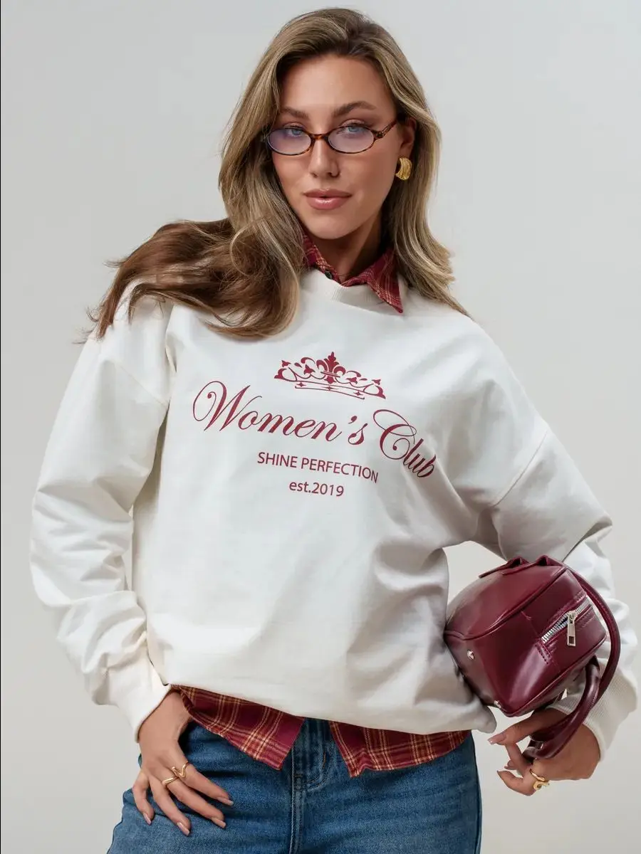 Russe élégant rétro lettres impression blanc pull col rond sweats ample surdimensionné Hip Hop Y2K haut Streetwear jeunes femmes