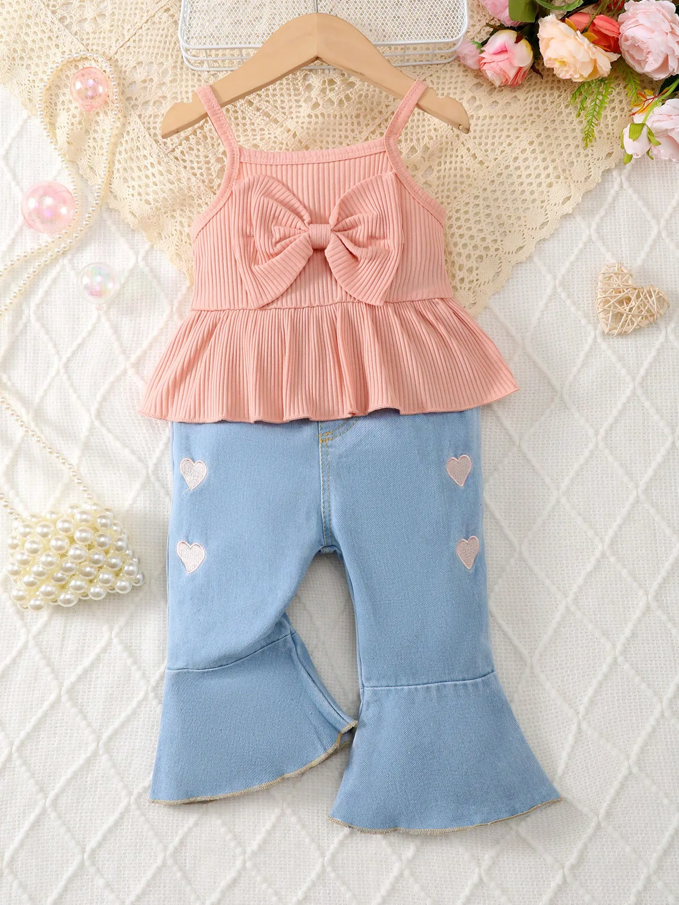 Newborn baby girl suspender bow solid color simple top with heart embroidery flared pants two-piece set
