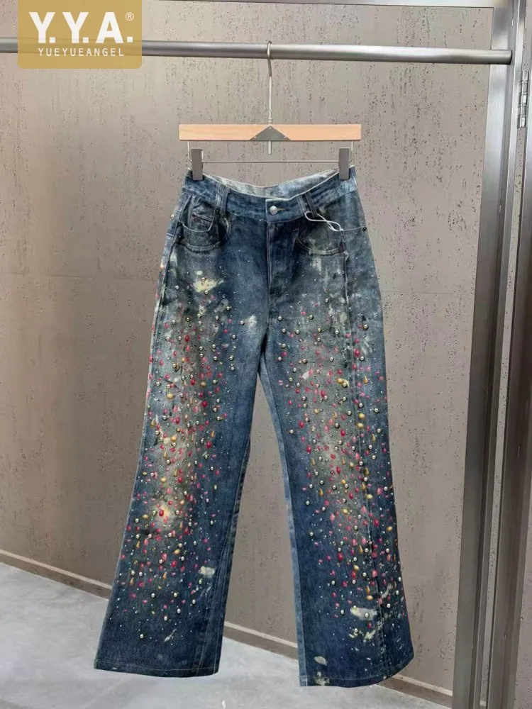 

Spring Summer Vintage Ladies Elegant Office Diamonds Printed Straight Pants Denim Pants Designer Streetwear Women Wide Leg Jeans