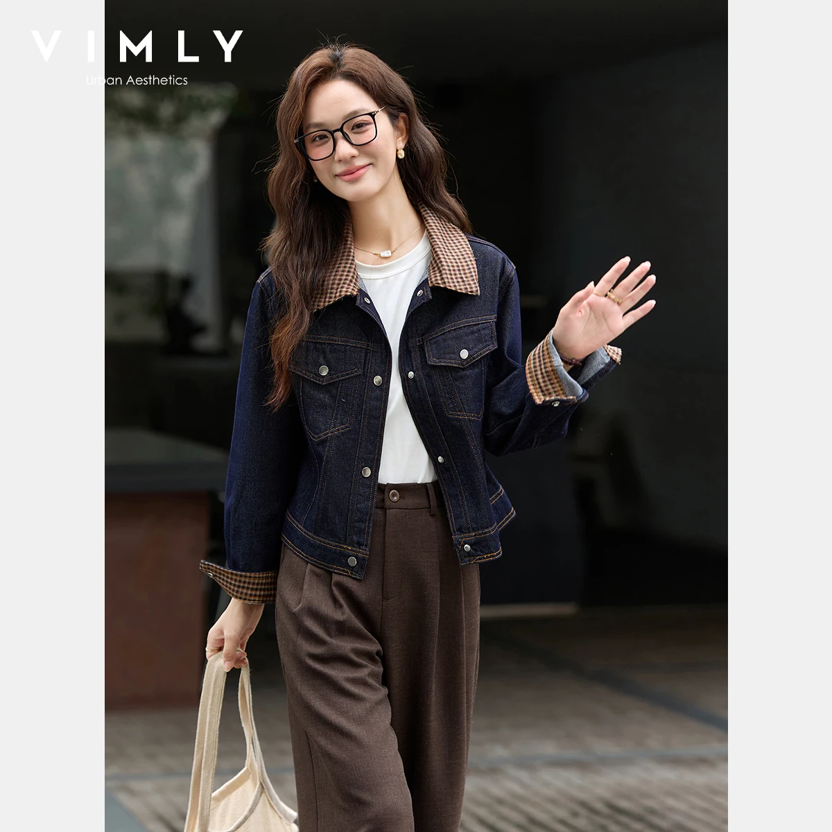 

VIMLY джинсовая куртка женская в винтажном стиле 202, осень, цветной блок, воротник с лацканами, укороченная синяя куртка, повседневные лоскутные женские пальто 75235