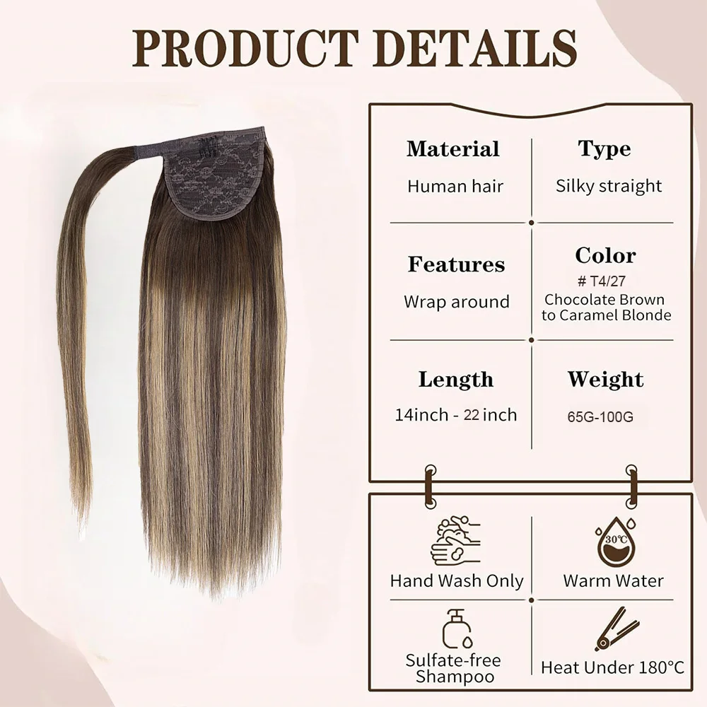 Straight Ponytail Human Hair Extensions Wrap Around Real Hair Ponytail Hair Extensions 14-22 Inch T4/27#