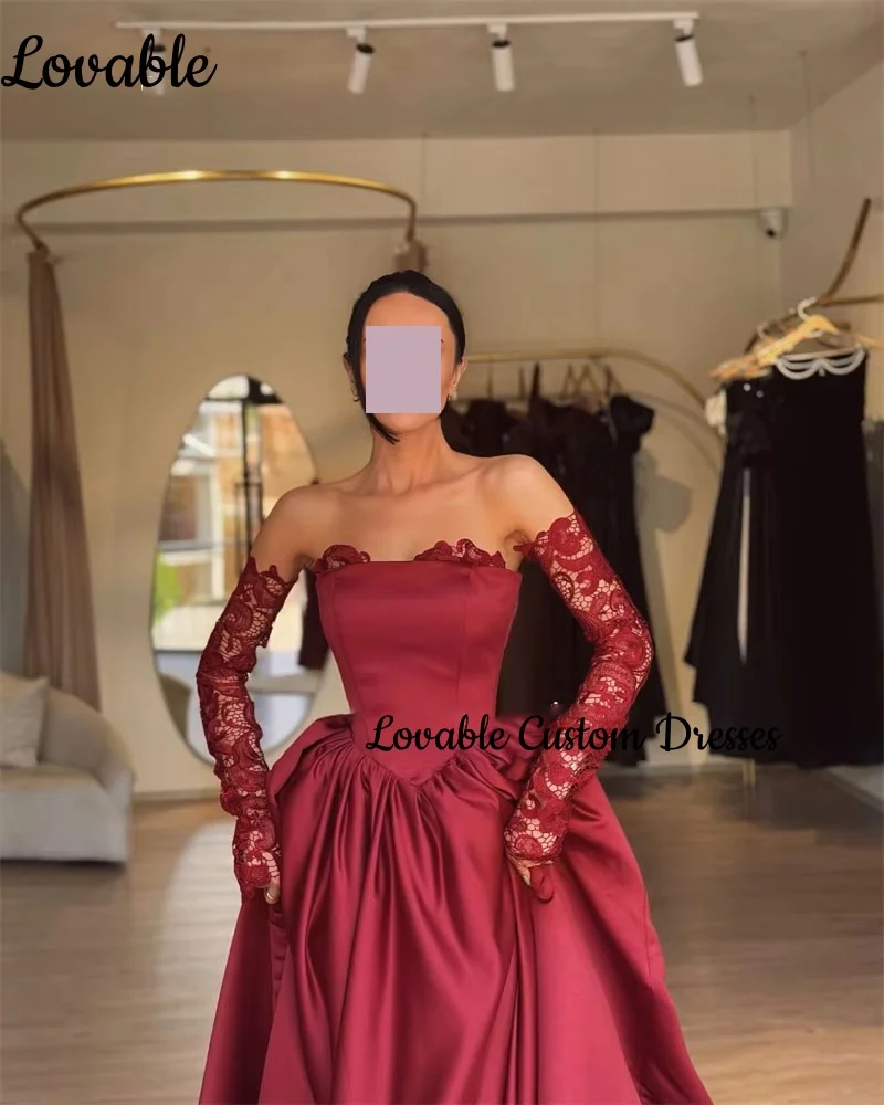 Vestidos formales personalizados, corte en A, sin tirantes, de encaje, vestidos de noche para mujer, hasta el suelo, con cremallera, vestido de fiesta de boda de manga larga
