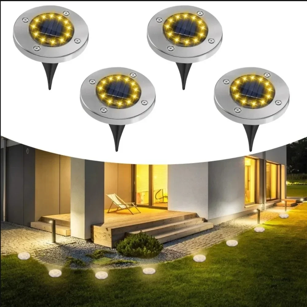 4 pacote de luzes solares do caminho 12 leds luzes quentes do solo solar à prova dwaterproof água ao ar livre luzes planas para quintal passarela jardim garagem