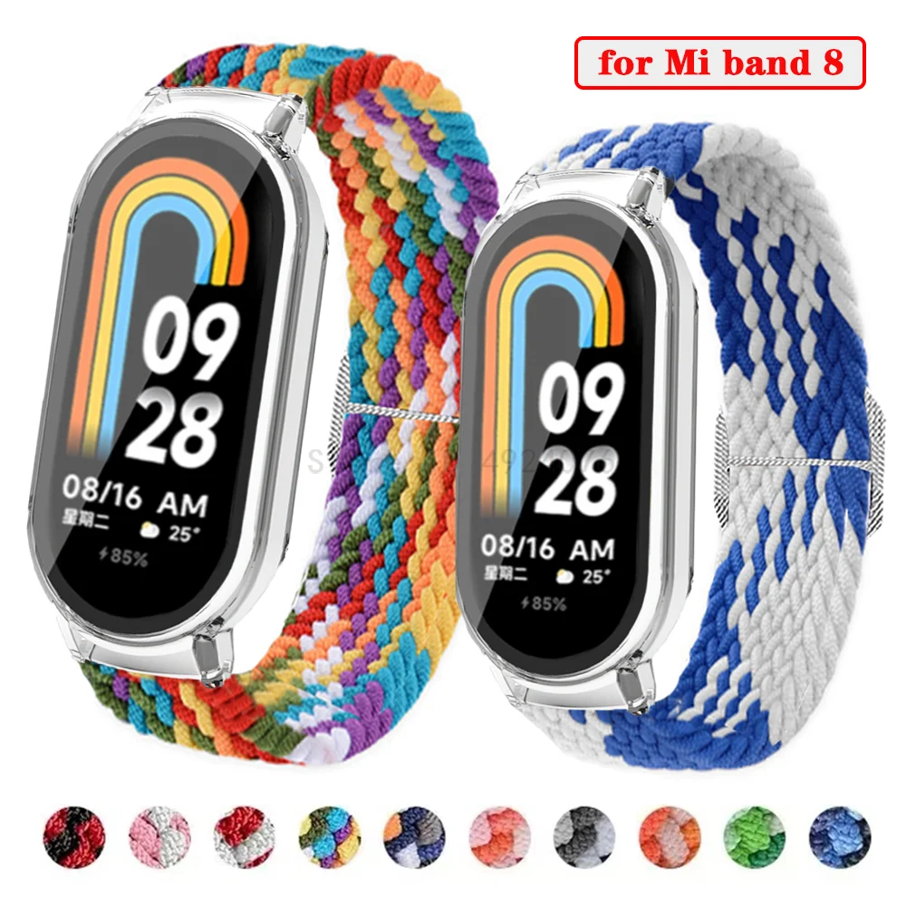 

Ремешок нейлоновый + крышка + закаленная пленка 3-в-1 для смарт-часов Xiaomi Mi Band 8, тканый ремешок для mi band 8, ремешки для часов