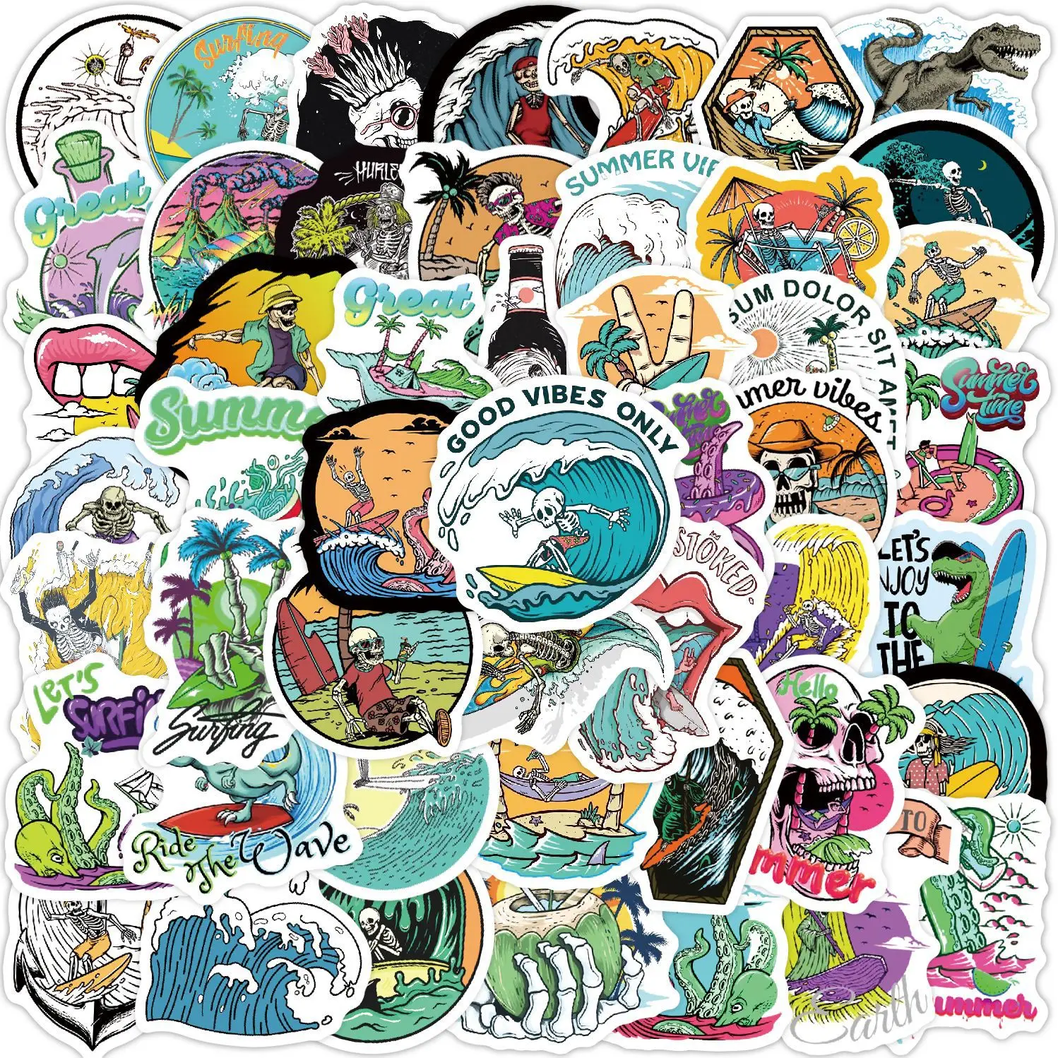 10/50PCS Cool Summer Skull Surfing Stickers Beach Surf Decals DIY Scooter Motorcycle Helmet Luggage Waterproof Funny Sticker