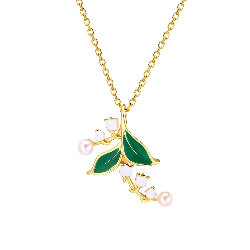 Lily Of The Valley Necklace in 14K Gold-Plated 925 Sterling Silver with Natural Pearl and Enamel Beads