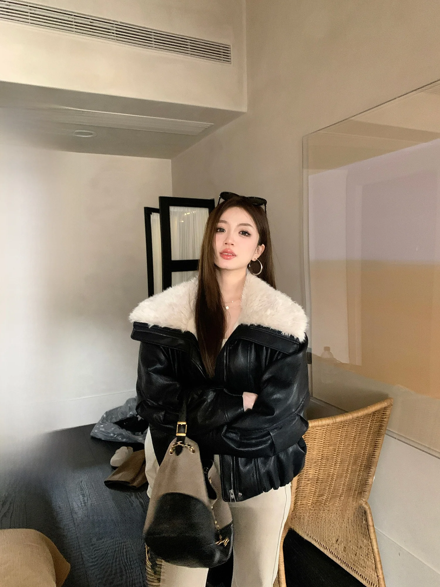 

Slimming Silver Fur Collar Parka Jaet Women's New Winter Warm Outerwear Cool Sle Splice Loose Fit Long Sve Zipper