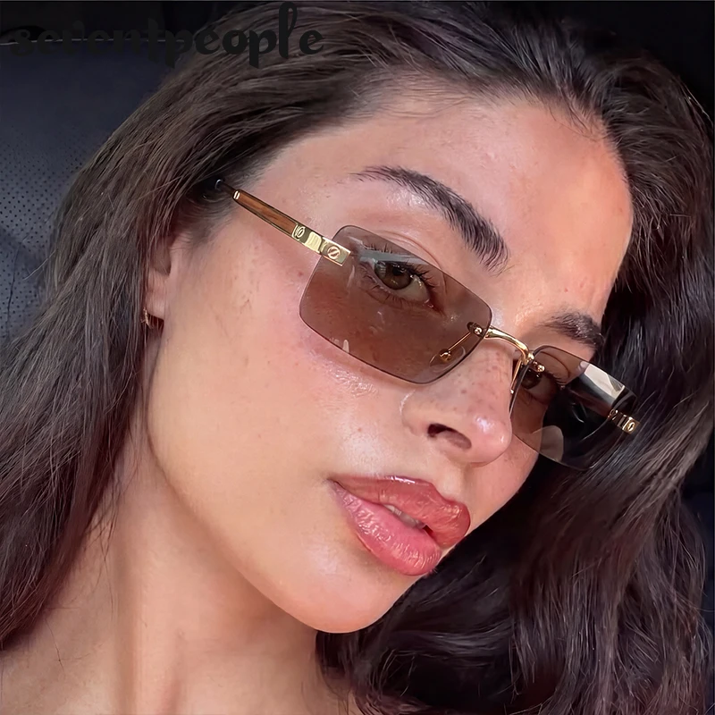 

Small Rectangle Rimless Sunglasses Women 2026 Luxury Designer Vintage Steampunk Metal Square Sun Glasses For Ladies Retro Shades