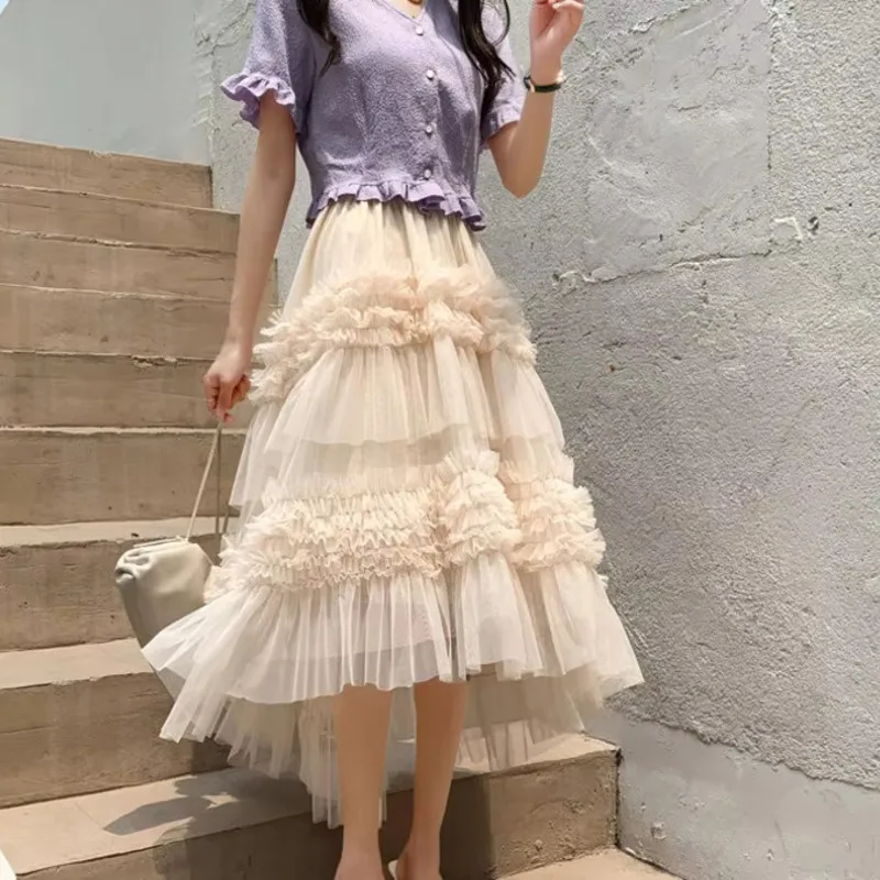 

Женская милая элегантная длинная юбка из тюля, весна-лето 2024, модные однотонные повседневные сетчатые юбки с высокой талией