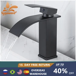Bathroom Basin Sink Faucet Waterfall Spout Tap Deck Mount Single Handle Cold Hot Water Mixer Vanity Washbasin Crane