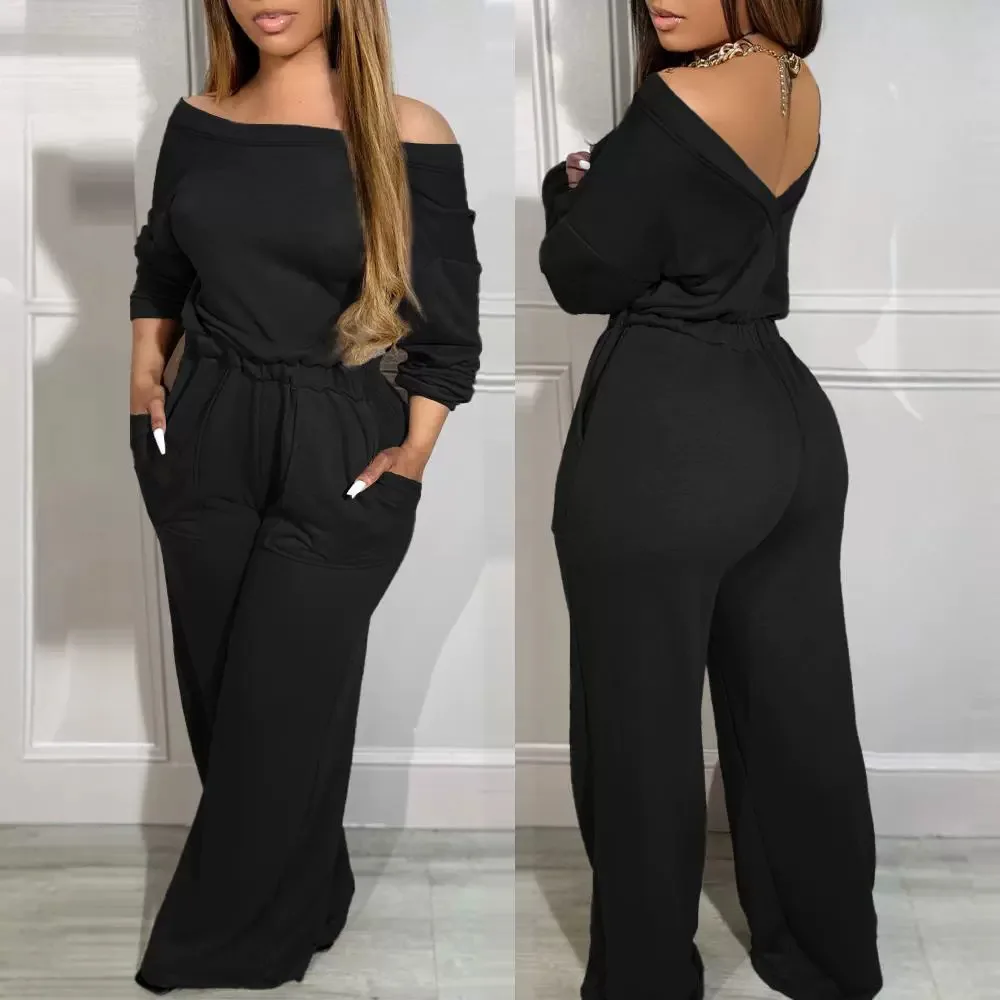 

Solid Rompers Slash Neck Elegant Jumpsuit Women Sexy Wide Leg Long Overalls Solid One Piece Backless Spliced Office Lady