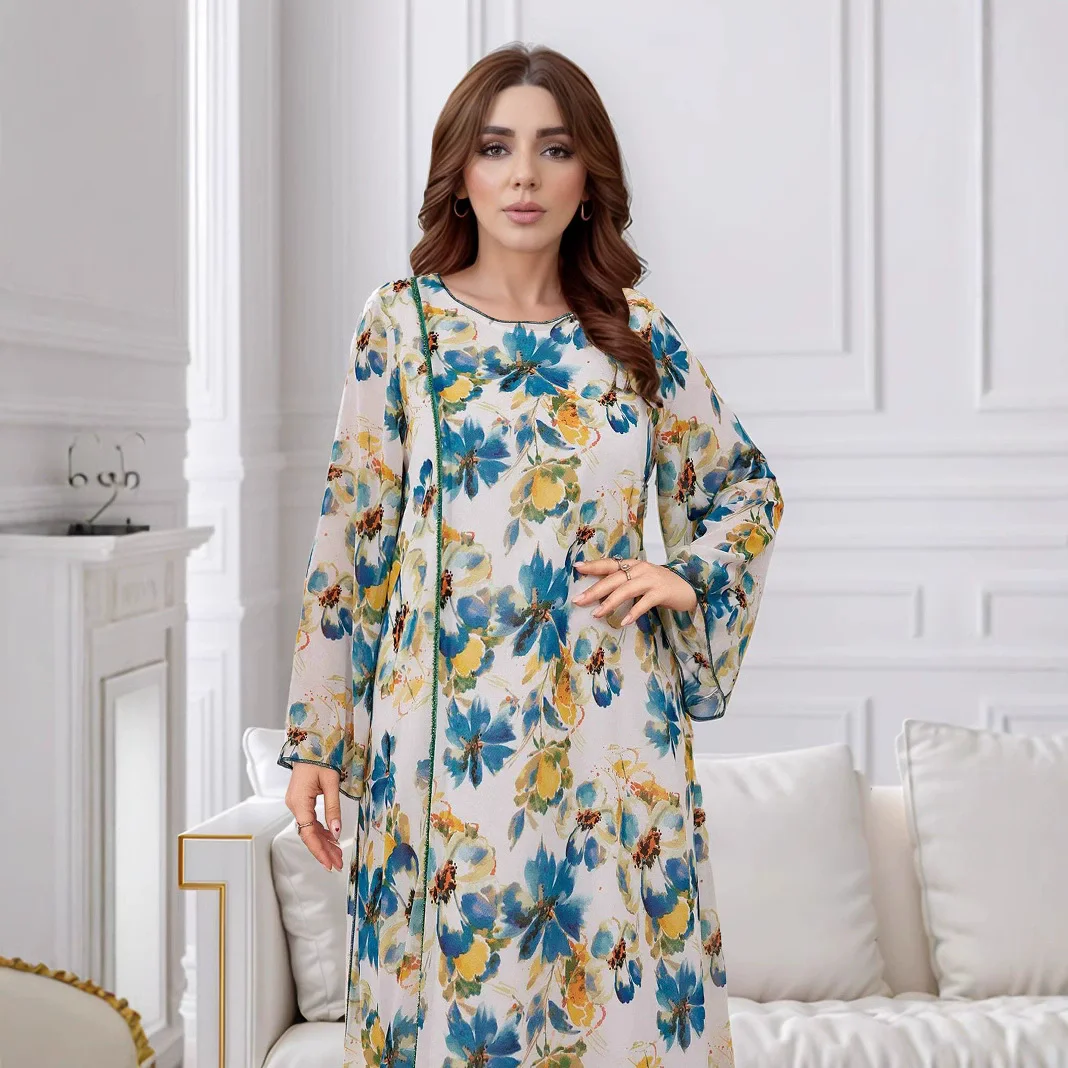 Ramadan Middle East Saudi Arabia plus size women's robe Islamic fashion nail bead chiffon print loose casual trumpet sleeve dres