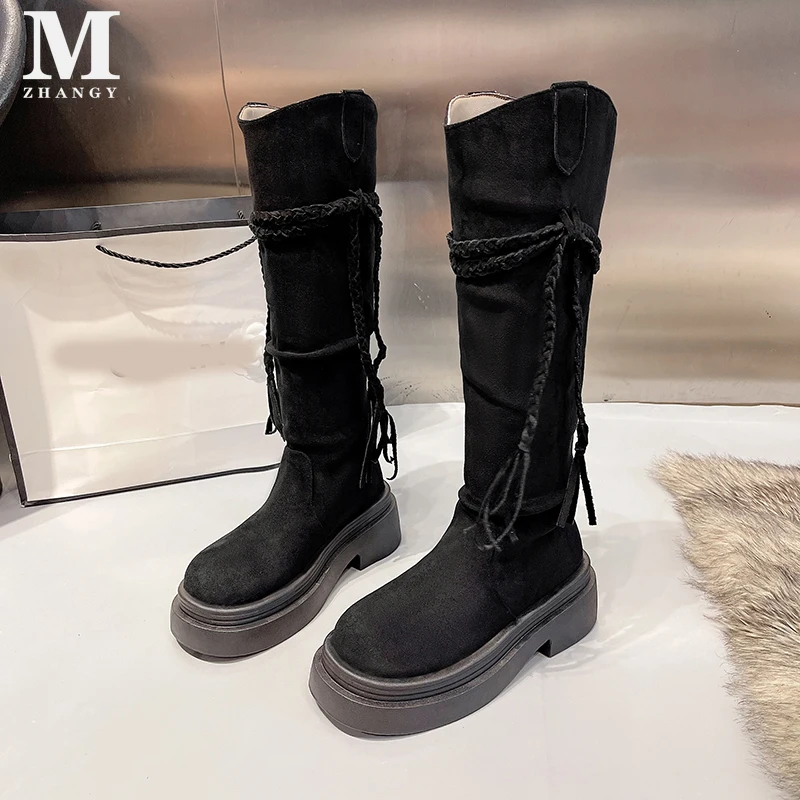 Botas de salto médio feminino de camurça, sapatos de plataforma, salto alto, gótico, casual, elegante, Chelsea, Designer, Tendência, Inverno, Moda, 2025