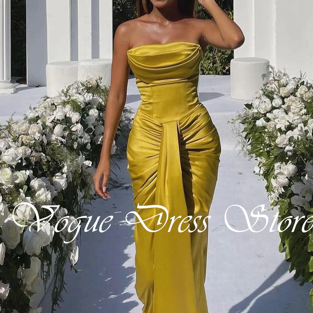 Customized Mermaid Yellow Satin Evening Dress Classic Strapless Sleeveless Sweep Train Saudi Arabia Special Occasion Gowns 2025