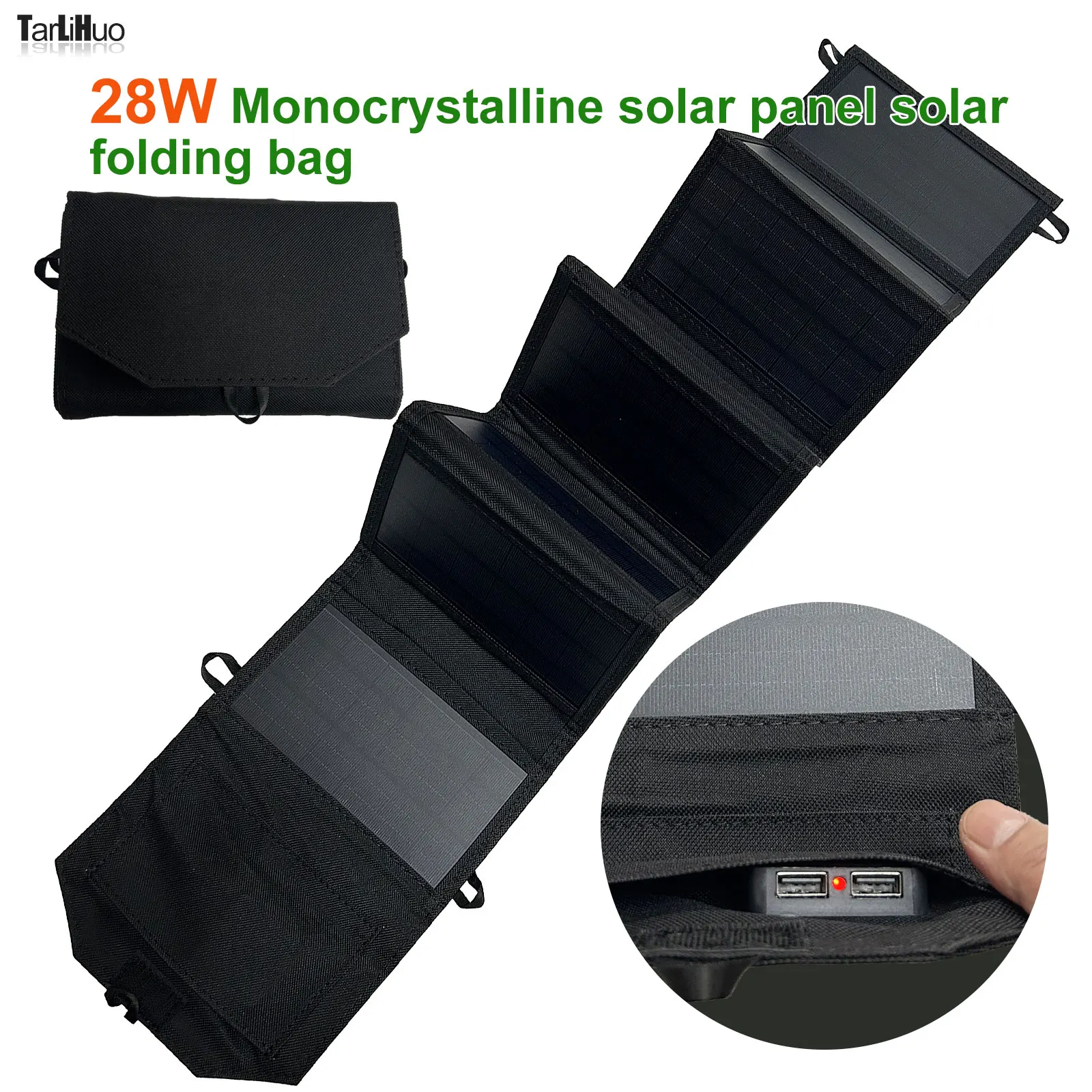 28w Folding Solar Panel 5v USB Solar Bag for Outdoor Activities,Travelling Mobile Phone Fast Charging Portable Solar Power Bank