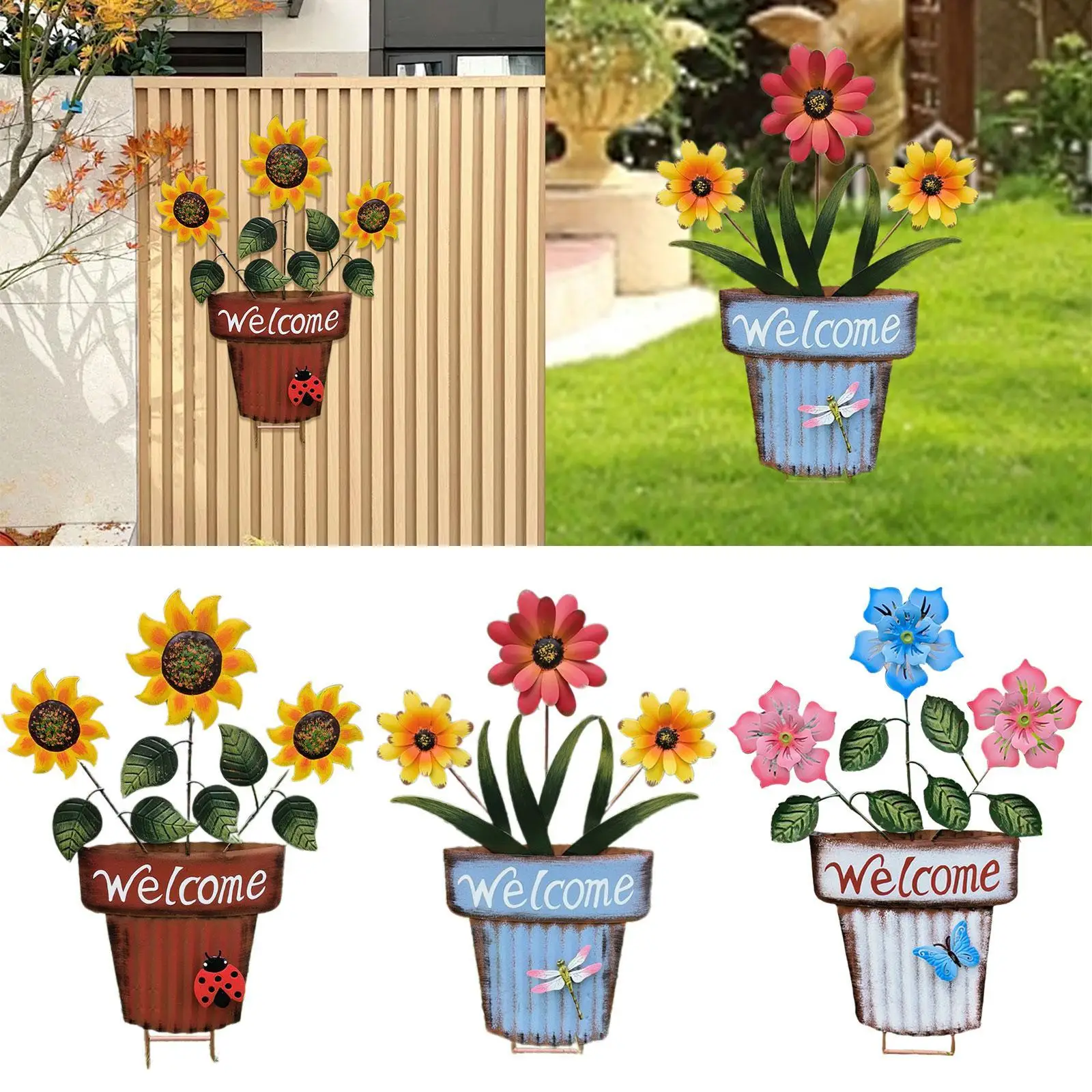 Flower Pot Garden Stake 2D Decor Sturdy Metal Practical Accessory Yard Sign for Outside Patio Landscape Pathway Backyard