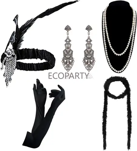 New 1920s Accessories Sets Costume Great Gatsby Feather Headband Earrings Gloves Pearl Necklace for Women Ladies Disfraz Neon - Image 8
