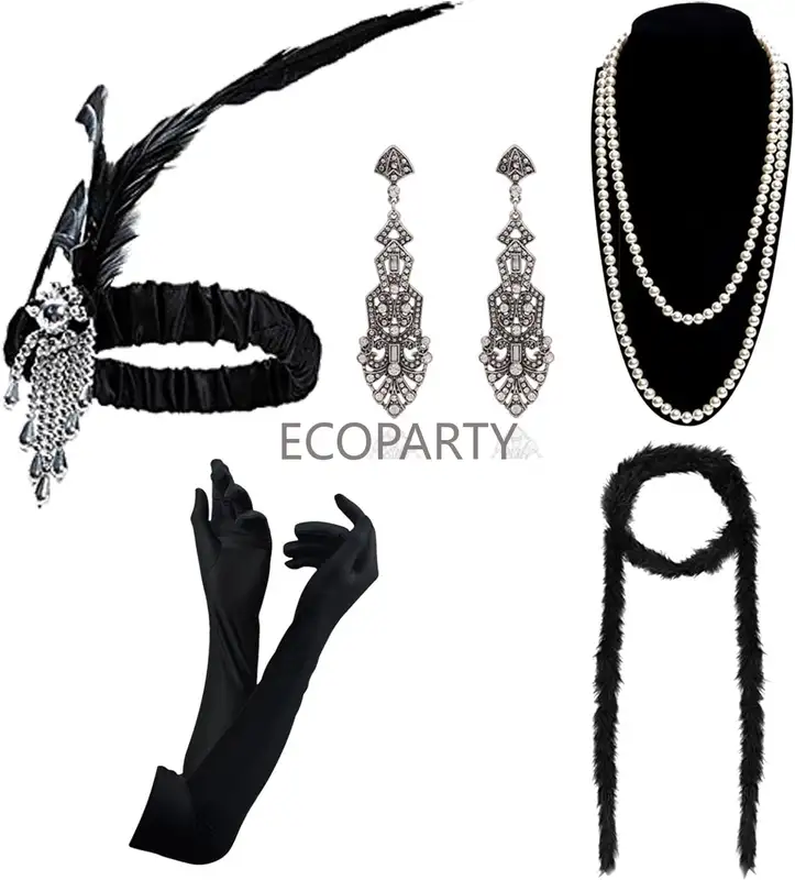 New 1920s Accessories Sets Costume Great Gatsby Feather Headband Earrings Gloves Pearl Necklace for Women Ladies Disfraz Neon - Image 8