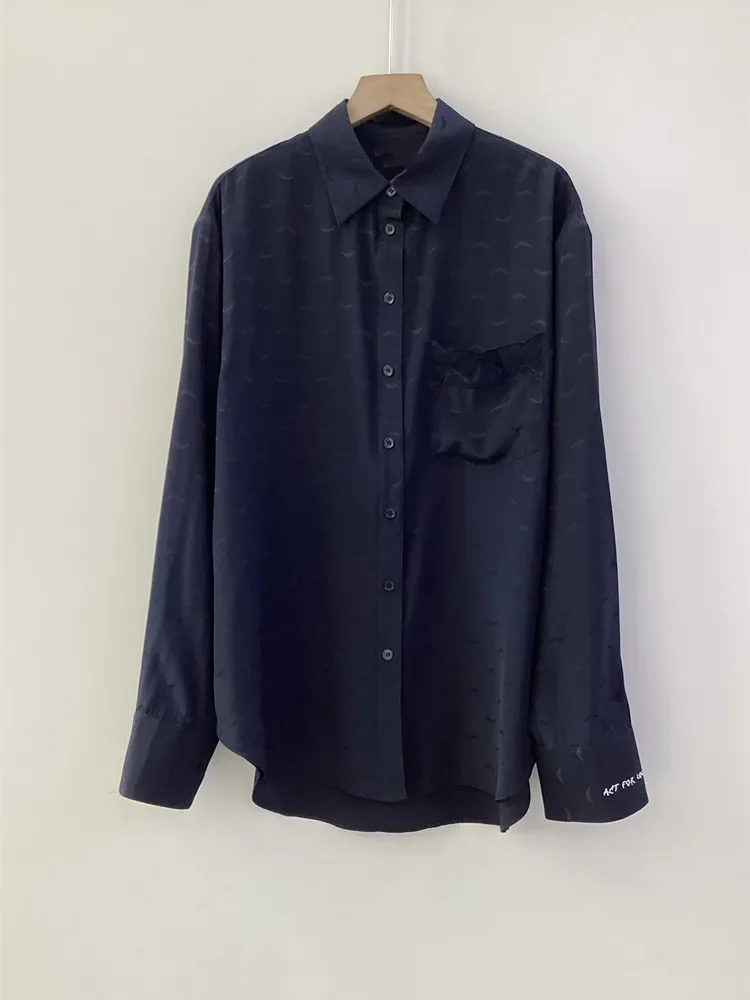 Polsini Lettera Ricamo Camicia da donna in seta 100% Ali Jacquard monopetto Colletto rovesciato Manica lunga Elegante camicetta da donna