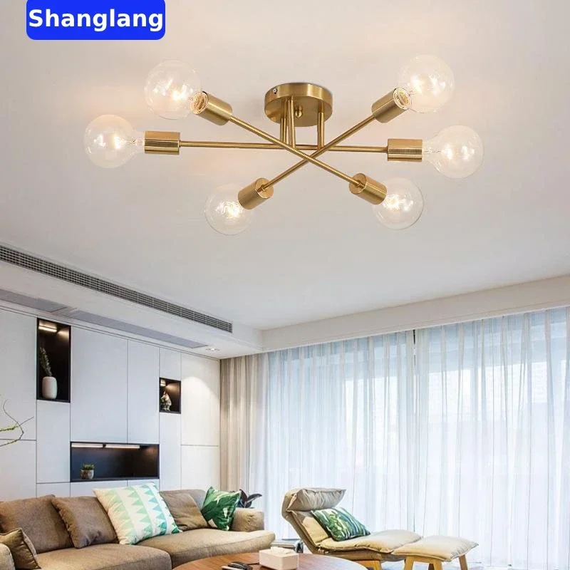 

Modern Nordic LED Chandelier Semi Flush Mount Ceiling Lamp Brushed Antique Gold Home Decor Lighting Fixture