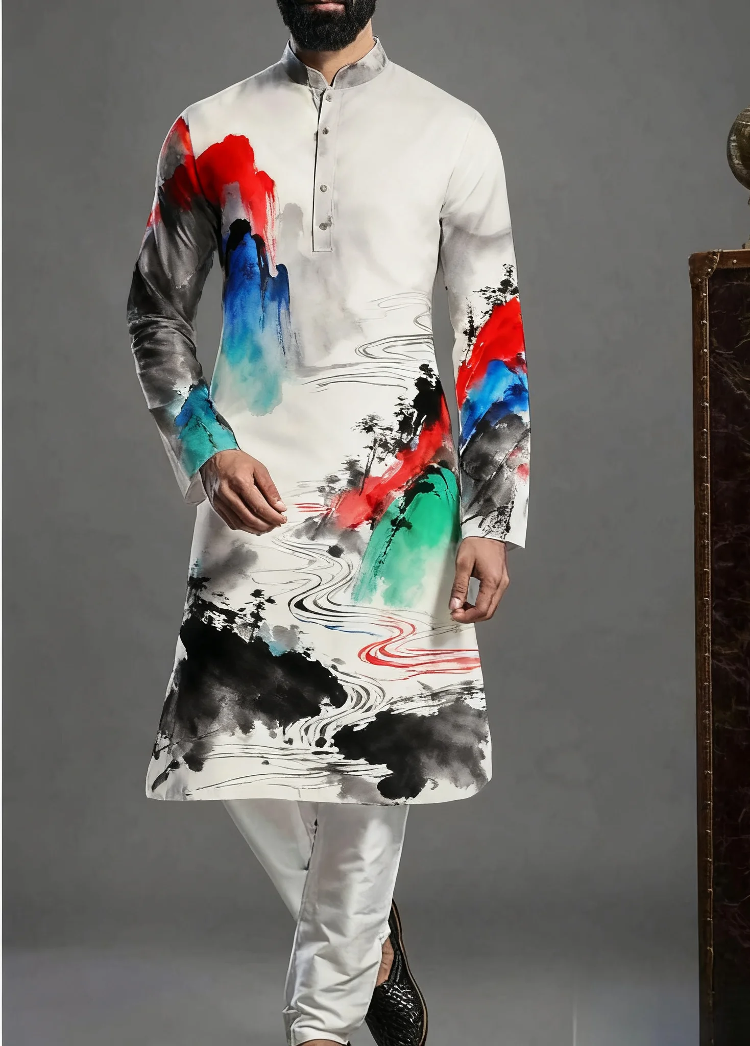 2025Kurt men's digital print pattern kurta vardha fashionable casual fit regular robe suitable for all occasions