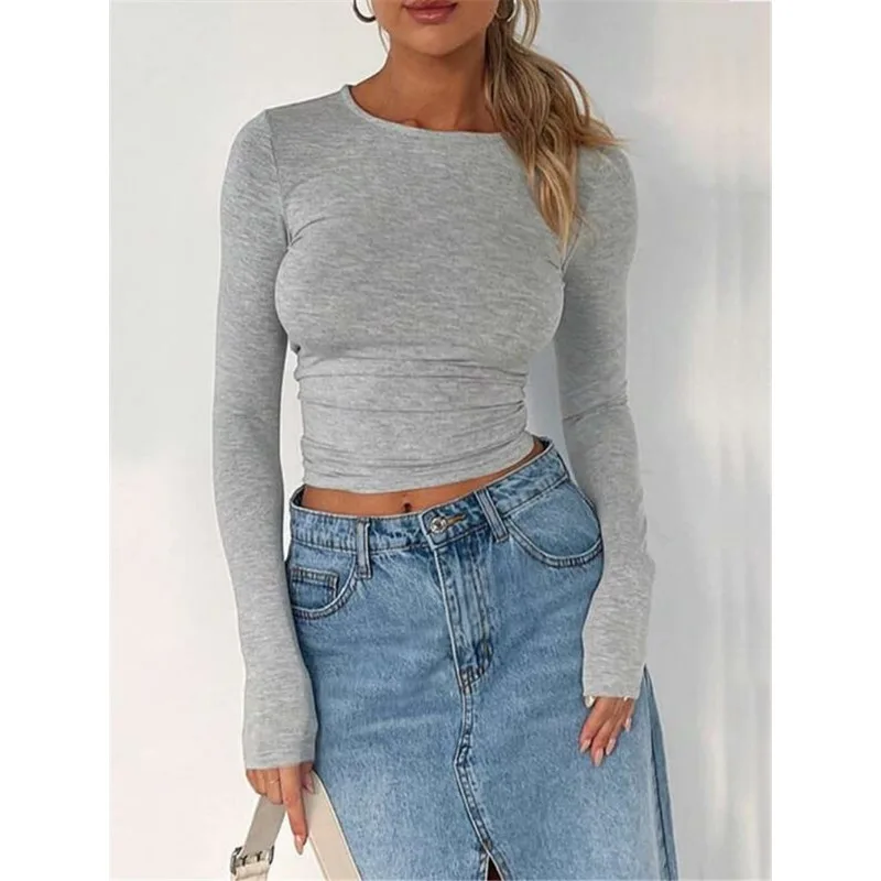 AliExpress – T-shirt court à manches longues, couleur unie, polyvalent, européen et américain, automne hiver