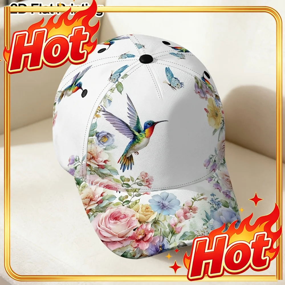 Custom 1pc 2D Flat Printing A Stylish And Easy Baseball Cap with Spring Floral Hummingbird Scene, Perfect for Outdoor Streetwear
